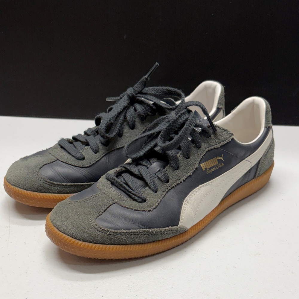 Puma Super Liga Men’s Blue & White Suede & Leather Sneakers with Gum Sole US9